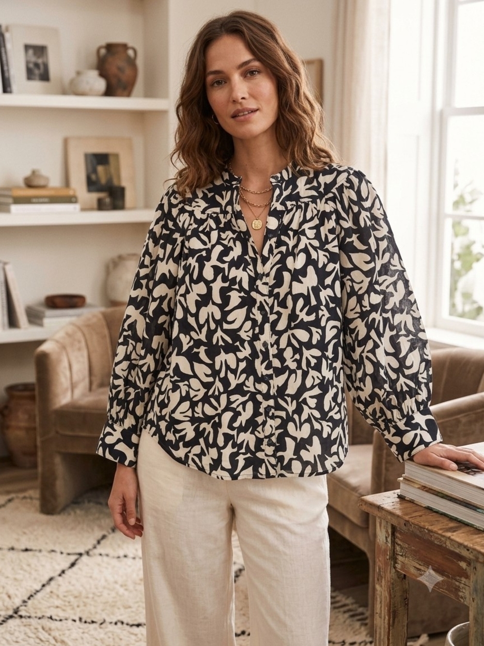 Anthropologie Black and Cream Floral-Print Balloon Sleeve Blouse